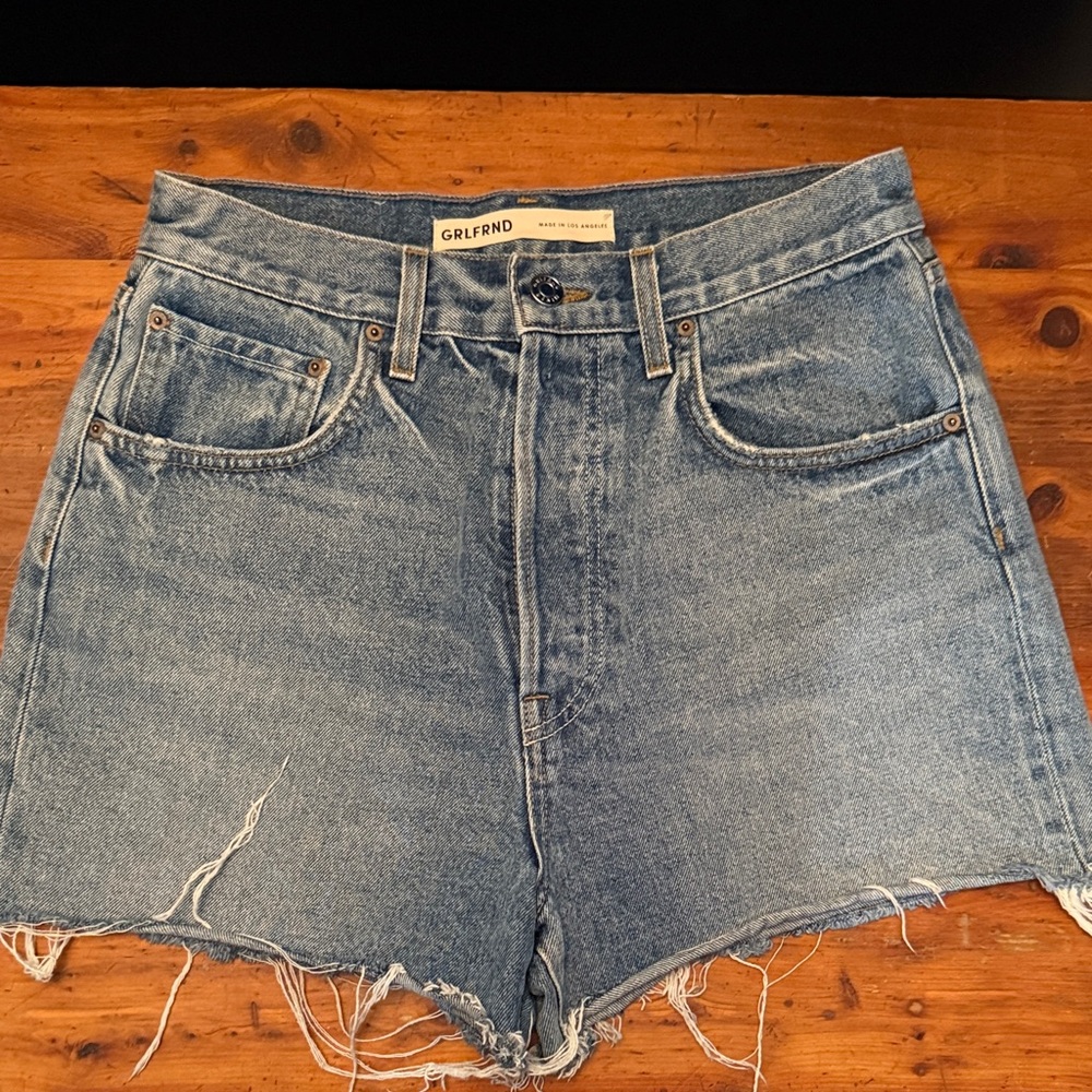 GRLFRND Light Blue Distressed Jean Shorts